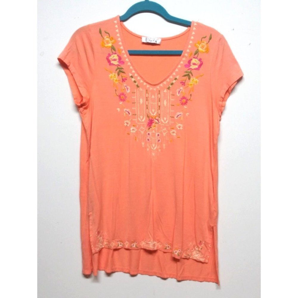 Women's Cupio Top Embroidered Coral Stretch Knit Top Size M/L long Beautiful EUC